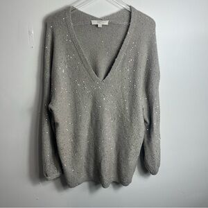 LOFT Gray V-Neck Sweater with Sequins